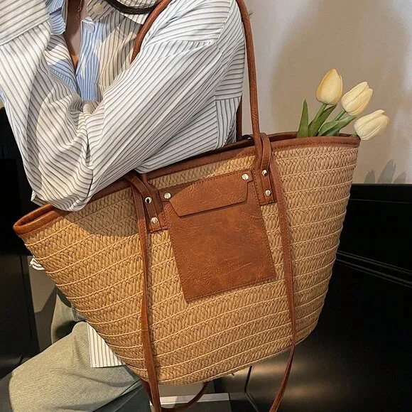 Khaki Casual Women's Woven Tote Large Capacity Beach Bag - Picture 2 of 5